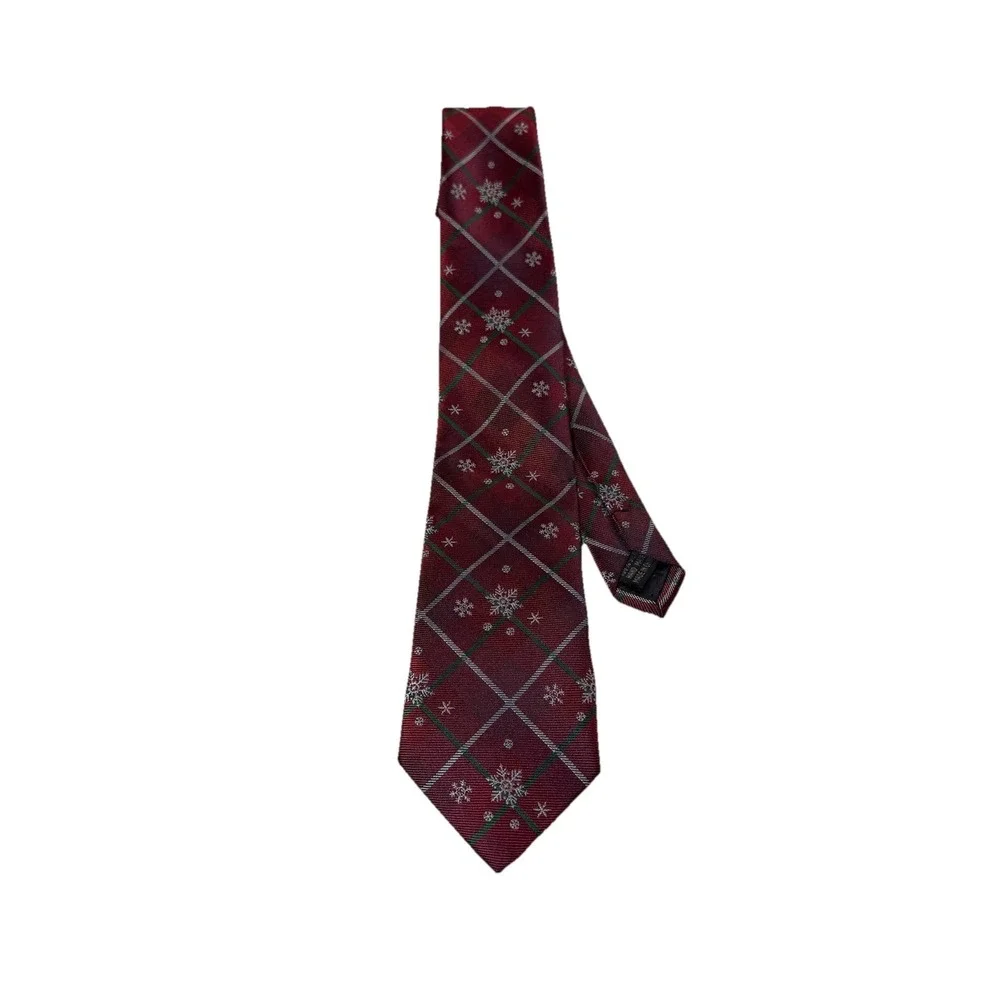 Silk Red Christmas Necktie Green White Plaid Snowflake Pattern Holiday Tie Men
